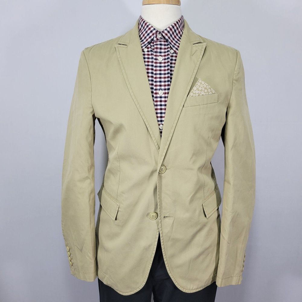 Mavi Men's Sport Coat Blazer Two Button Beige Solid Cotton Size Large